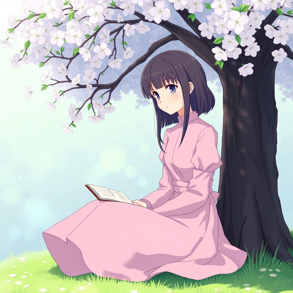 دختری کتاب بر دست با لباس صورتی نشسته زیر درخت شکوفه18