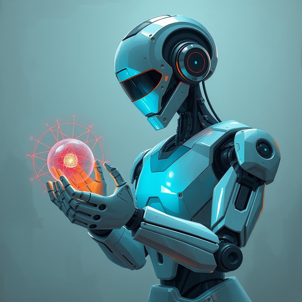 दिव्य क्वांटम बुद्धिमत्ता को दर्शाते हुए दिव्य मैट्रिक्स डिवाइस के साथ खेलते हुए एक मानव रोबोट की छवि।6