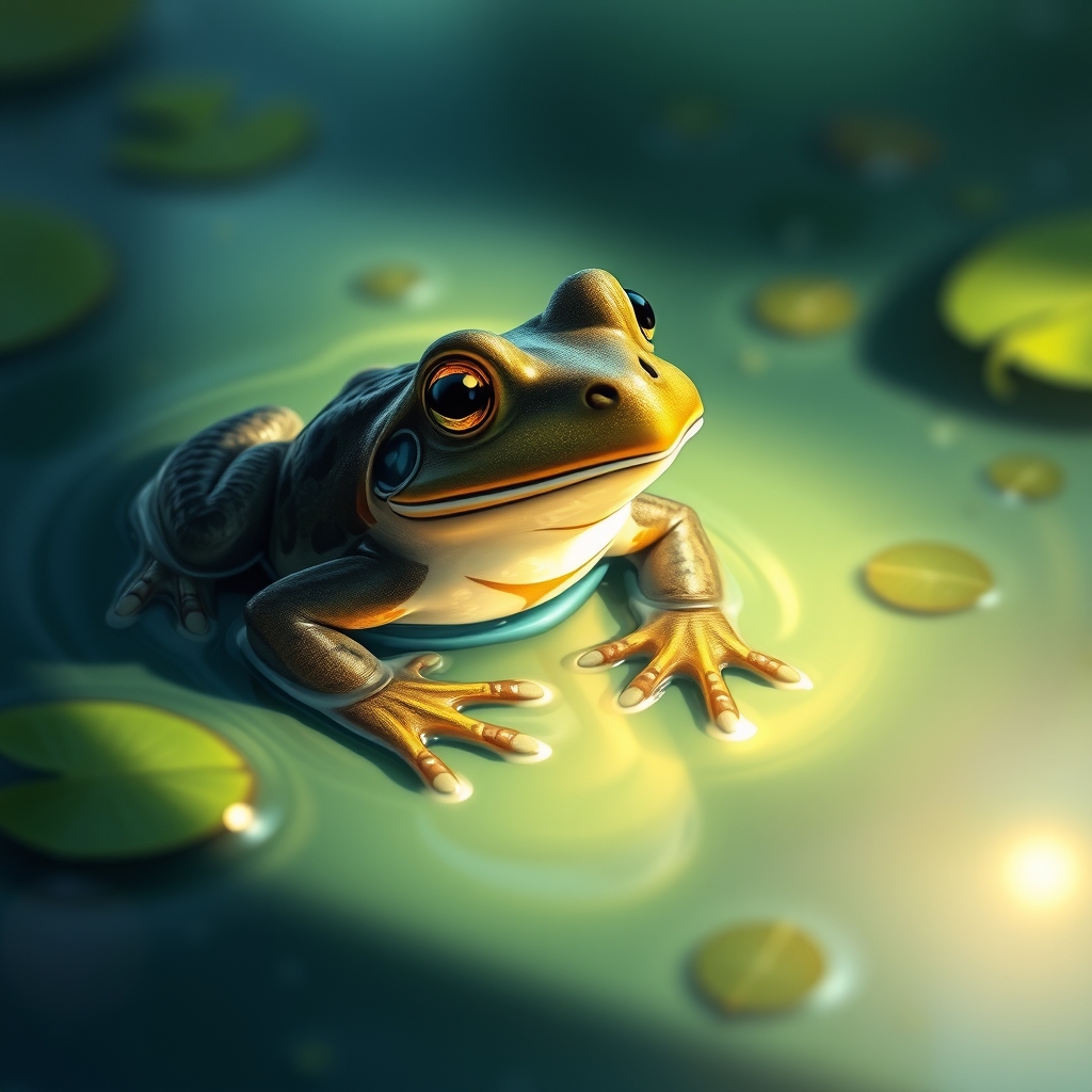 تصویر یک قورباغه زیبا در برکه ای نورانی 
3