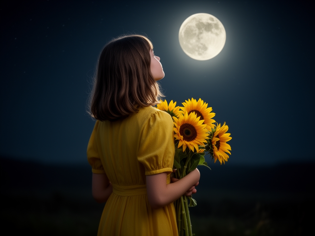 دختری زیبا با موهایی تا شانه اش که پشتش به دوربین است و زرد پوشیده است و دسته گلی از افتاب گردان در دست دارد و ماه را تماشا می کند .و این دختر نوجوان است
4