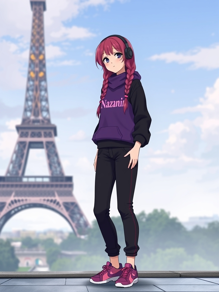 دختری با موهای بلند صورتی و بنفش و لباس بنفش و سیاه که رویش نوشتهnazaninو شلوار جین سیاه و صورتی و کفش اسپورت صورتی و بنفش و موهایش را بافته و در کنار برج ایفل 7