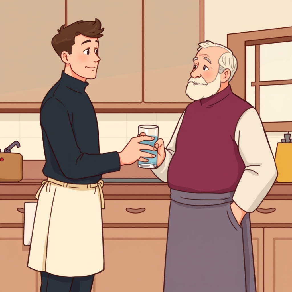 مرد جوانی که با خوش اخلاقی به پدرش یک لیوان آب میدهد0