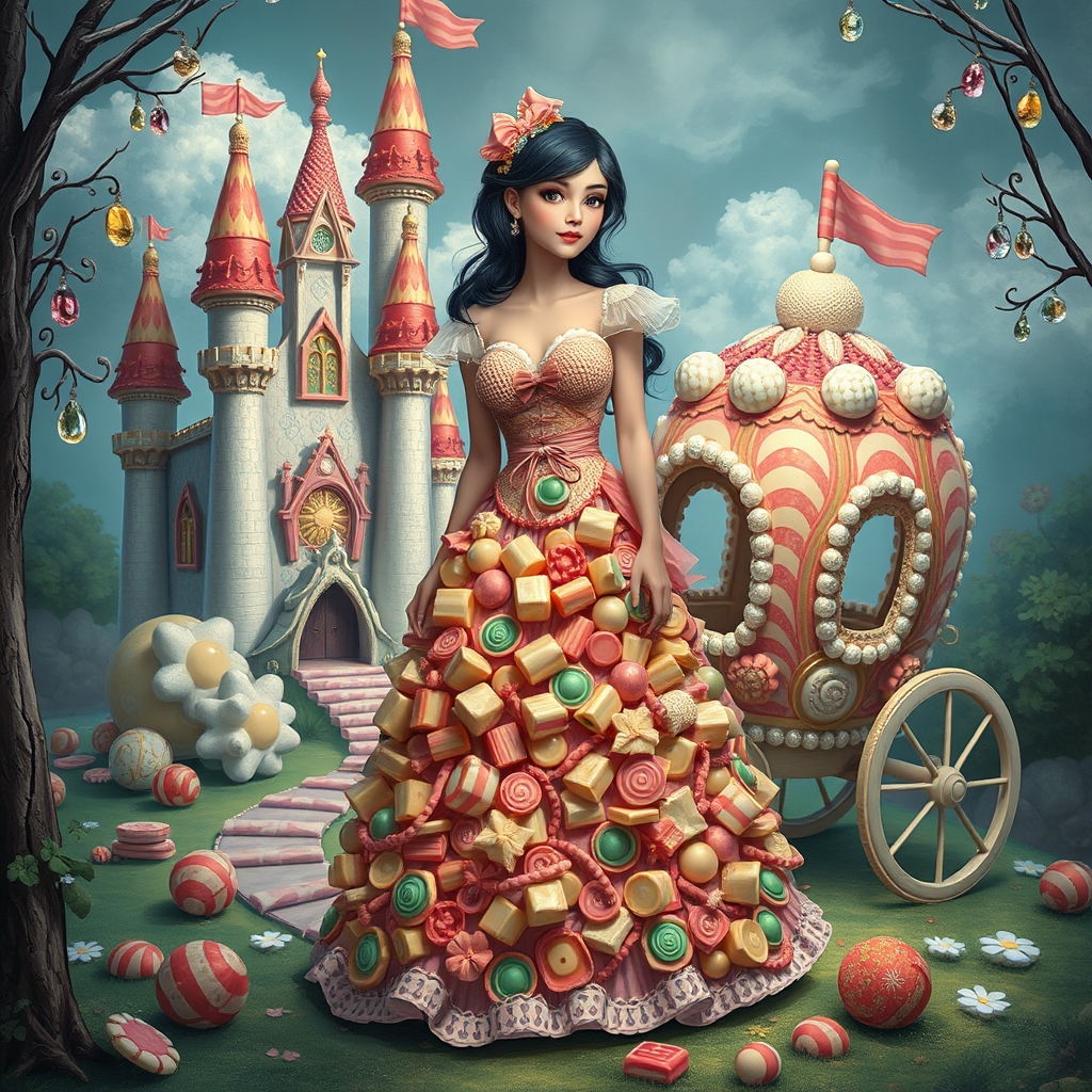 زنی که با آبنبات پیراهنش را درست کرده اند و یک قصر آبنباتی و کالسکه ی آبنباتی کنارش است13