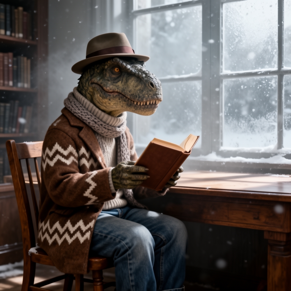 یک تصویر بی نهایت واقع گرایانه از یک دایناسور با کلاه و شالگردن و شلوار جین و یک لباس کاموایی با یقه اسکی و قهوهای رنگ با طرح های زیگزاگی سفید
با هوای برفی و وایب سرد
کنار پنجره کتابخانه روی میز و صندلی چوبی نشسته و داره یک کتاب با جلد قهوهای میخواند0