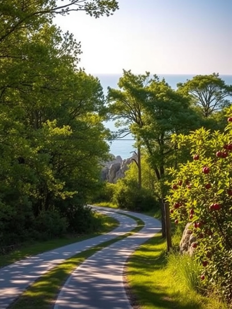 جنگلی سر سبز با درختان زیبا که جاده ای رویایی از آن عبور میکند و در انتهای آن دریا دیده میشود
بوته های تمشک در کنار صخره های زیبا روییده
نور خورشید زیبایی این منظره را دوچندان کرده
9