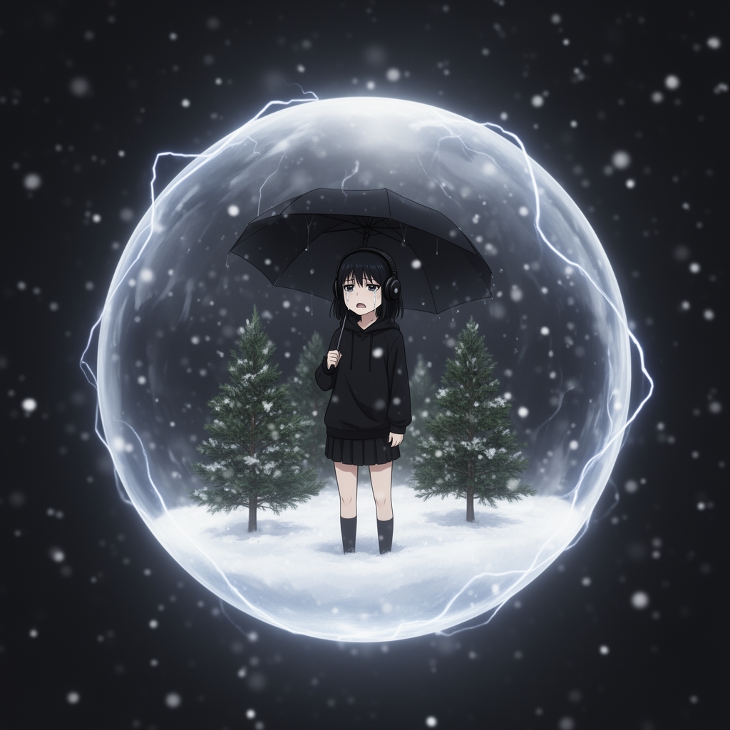 گوی  برقی که داخلش یک دختر چشم مشکی و مو مشکی و با لباس‌های مشکی و چتر مشکی وجود دارد در گویی دارد برف می‌آید درختان کاج هم دارد و دختر بسیار گریان و ناراحت است و هدفون مشکی هم دارد3