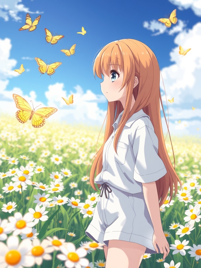 یه دختر با چشم های خاکستری و موهای نارنجی بلند با یه پیراهن و شلوارک سفید توی یه طبیعت پراز گل سفید و زرد ایستاده و داره به پروانه های زرد و سفید نگاه میکنه.23