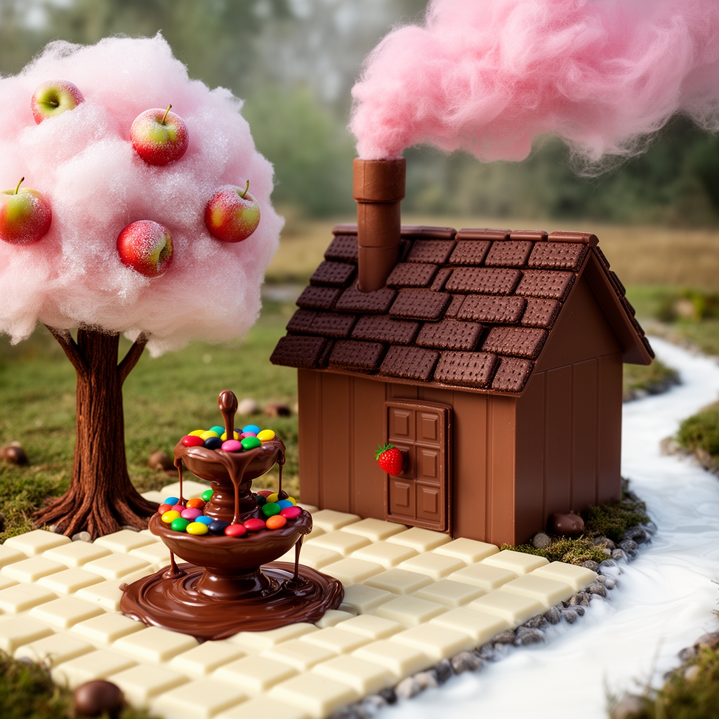 یک کلبه از جنس شکلات با سقف شیروانی از جنس بیسکوییت شکلاتی و یک دودکش از جنس شکلات سیگاری که از دودکش بجای دود پشمک بیرون میاد و یک در از جنس شکلات تخته ای که دستگیره در یک توت فرنگی هست
و حیاطی که موزاییک هاش از جنس شکلات تخته ای شیری سفید رنگ هست و وسط حیاط یک فواره هست که از جنس کاکائو و آبنبات هست و از فواره نوتلا میریزه و یک درخت پشمکی اون طرف حیاط هست که میوه هاش آلبالوهست و تنه درخت کاکائویی و یک جوی از اون طرف رد میشه که توش شیر داره به جای آب و خلاصه همه چیز خوشمزه و خوردنیه5