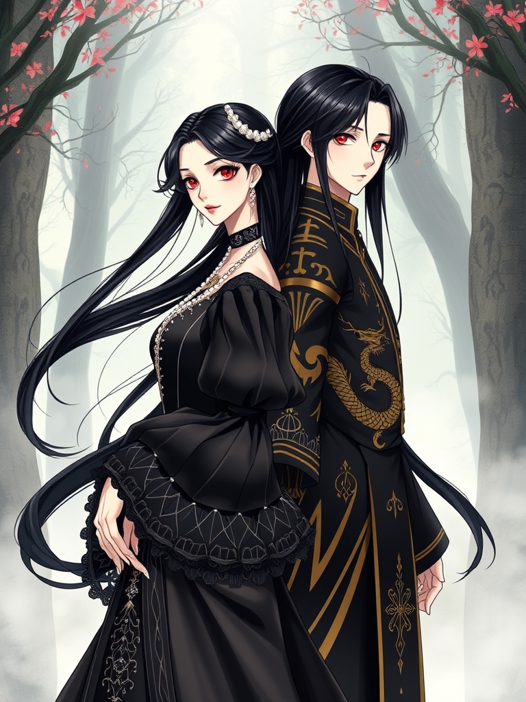 زیباترین بانو در جهان حتی در رویایی که شکوه خدا را داشته باشند که با چشمانی قرمز و با پوستی سفید باشد که همانند ماه باشد که با موهای بلند مشکی رنگ باشد که با لبانی سرخ باشد که با لباس سلطنتی پفی مشکی آستین پفی که با مروارید تزیین شده باشد برتن داشته باشد که در کنارش زیباترین مرد جوان در جهان حتی در رویایی که با موهای مشکی بلند و با پوست سفید و با چشمان قرمز رنگ  که لباس سلطنتی مشکی که اژدهای طلایی برویش حکاکی شده باشد و پشت سرش جنگلی مه آلود و اسرارآمیز باشد ببینیم رویایی چیکار می‌کنه 21