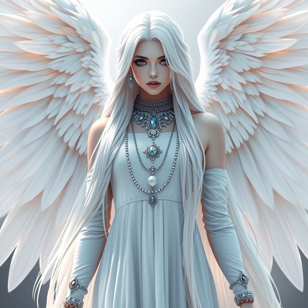 الهه عدالت با موهای سفید و بلند و چشم درشت و ابرو مشکی و بالهای سفید و زیور آلات نقره ای و شیشه ای و لباس پوشیده سفید و پف دار چشم مشکی موهای بسیار بلند18
