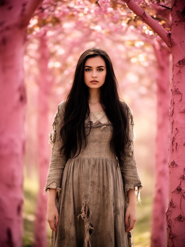 خانم ۲۲ ساله با لباسی کهنه بلند و موهای بسیار بلند سورمه ای و چشم های بسیار زیبا در جنگل درختان صورتی0