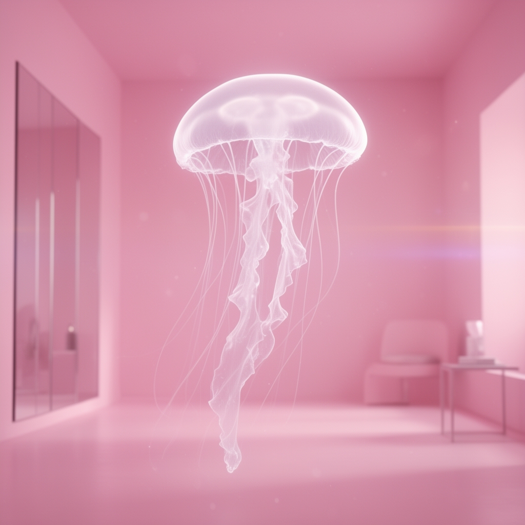 یک عروس دریایی زیبا شفاف شناور در هوا، که به نرمی در یک اتاق روشن صورتی می‌درخشد.4