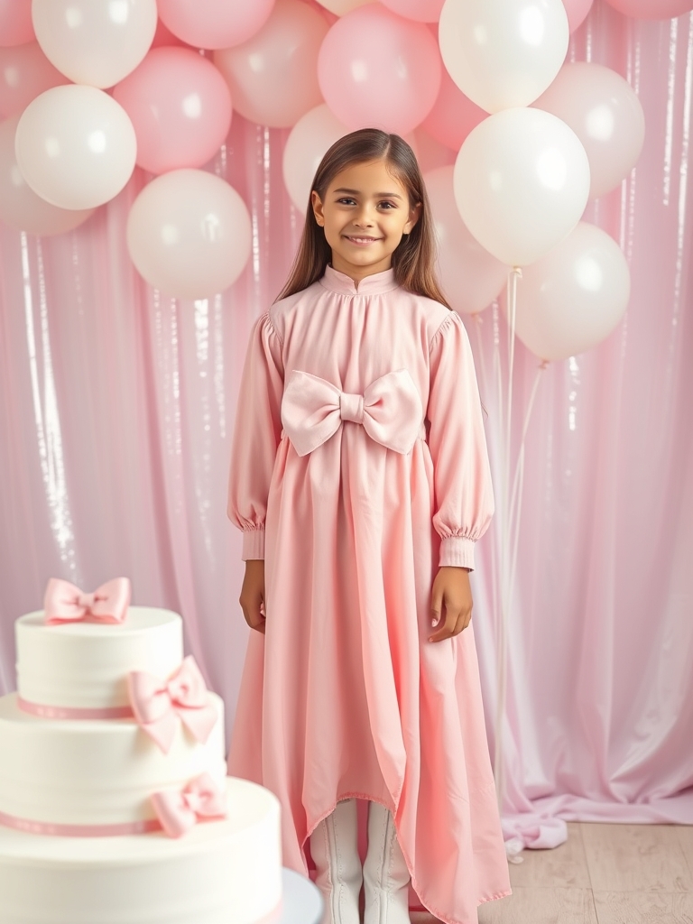 یه دختر ۱۳ساله با لباس عروس صورتی کوتا تا جای زانو که یک پاپیون بزرگ سفید روی سینش هست وبا بوت بلند تا جای زانو سفید روی کیکش هم که سفیده یک پاپیون هم اندازه کیک صورتی هست و کلی بادکنک سفید و صورتی پشتش هست که روشون ۳ پاپیون های خیلی کوچولو هست که همشون دارن و پشتش یه پرده تولد صورتی براق هست و به دوربین لبخند زده13