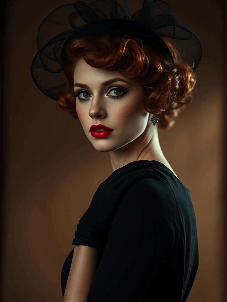 عکس قدی دختر با ارایش کلاسیک و رژلب قرمز با مو حالت دار کوتاه قرمز رنگ،لباس کلاسیک فرانسوی مشکی و دستکش و کلاه تور مشکی19