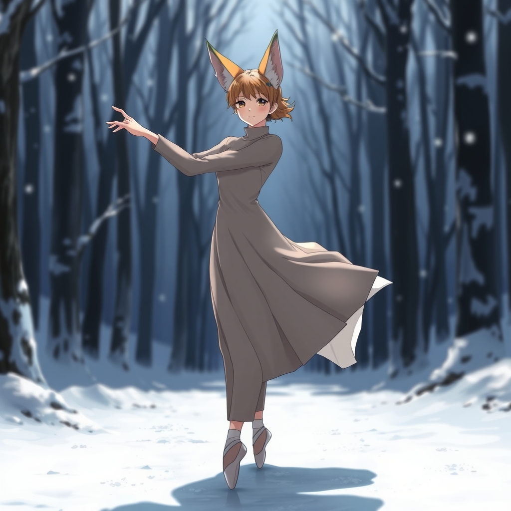 یک دختر که نصف صورتش روباه است و نصف صورتش دختر و این دختر در حال رقص باله در جنگلی که یخ زده است، است4