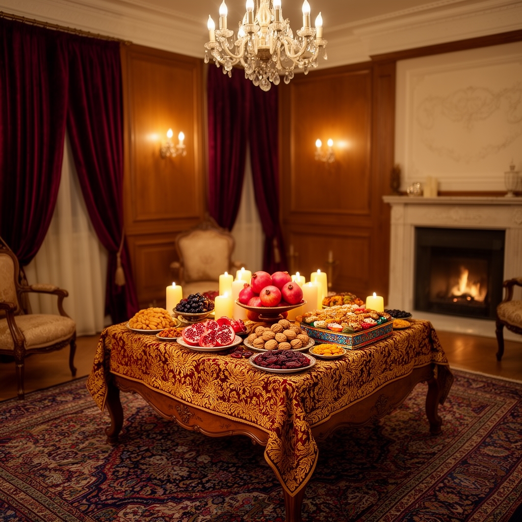 یک اتاق دلنشین گرم و کلاسیک با دکوراسیون خاص و نئو کلاسیک قدیمی همراه به یک سفره ی یلدایی خاص و خوش رنگ بساز2