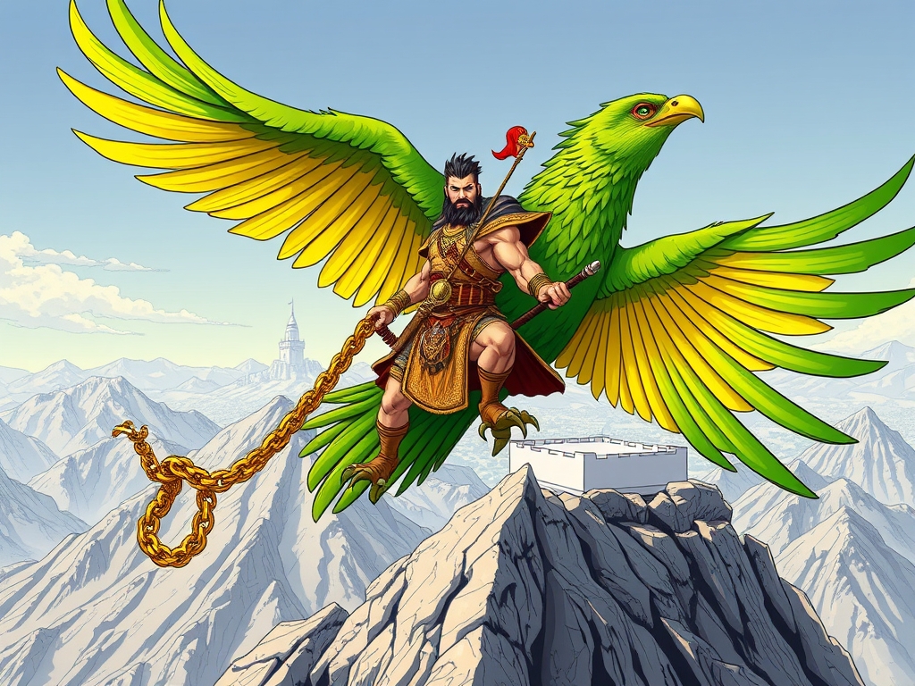 یک پهلوان ایرانی قد کوتاه با لباس سرباز های ساسانی و زنجیری بلند طلایی در دست، سوار بر ققنوس سبز بزرگ و ترسناک که بالای قلعه ای سفید بزرگ بالای کوه دماوند، پرواز میکند و به پایین نگاه میکند 20
