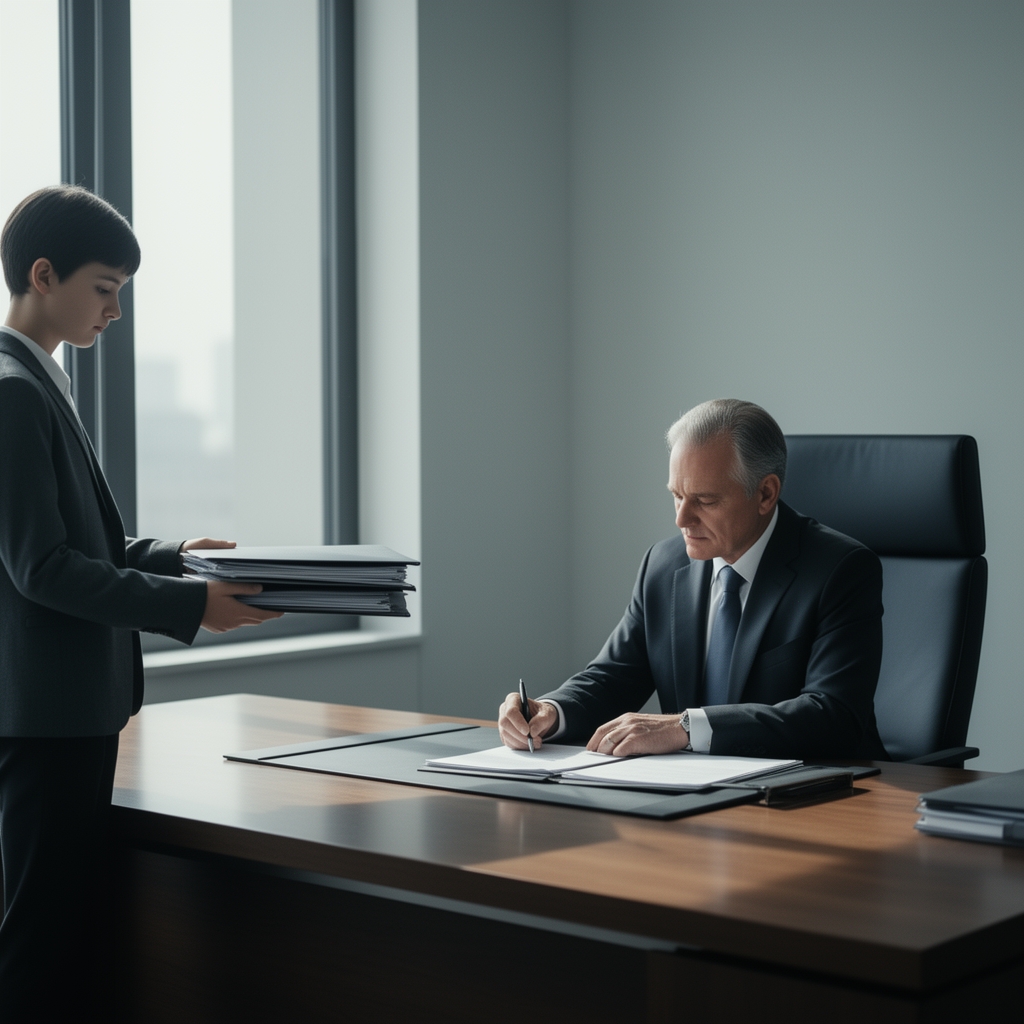 «یک صحنه ثابت در دفتر کار مینیمال: رئیس پشت میز بزرگ نشسته و در حال امضا کردن اسناد است؛ کارمند جوان آرام و کمحرف کنار میز ایستاده و فقط پوشهها را به رئیس میدهد، بدون اینکه نگاهش را جلب کند. نور طبیعی از پنجره، حس قدرت در رئیس، حس فروتنی در کارمند. جزئیات واقعی، حالت چهرهها طبیعی، فضا کاملاً حرفهای و ساده.»1