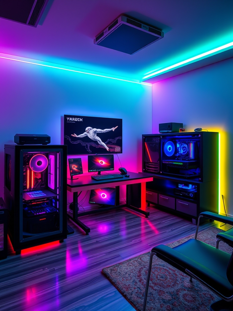 یک اتاق گیمینگ با سه تا سیستم pc گیمینگ لپ تاپ گیمینگ و نور خفن همه چی تمام توپ16