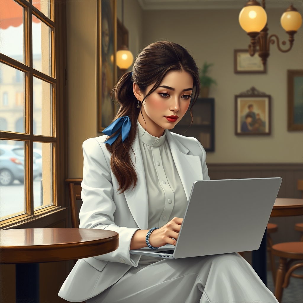 
profile-pic
可愛い女の子が欲しいです。髪はコーヒーブラウンで、青いリボンでまとめていて、白い服を着て、その上に白いジャケットを羽織っています。ジャケットのボタンは開いていて、白いズボンを履いて、青いブレスレットを身につけています。そして、素敵なカフェでノートパソコンを使っています。
 シーンは詳細が豊富で、女の子は少し憂鬱な感じですが、あまり強くはありません。5