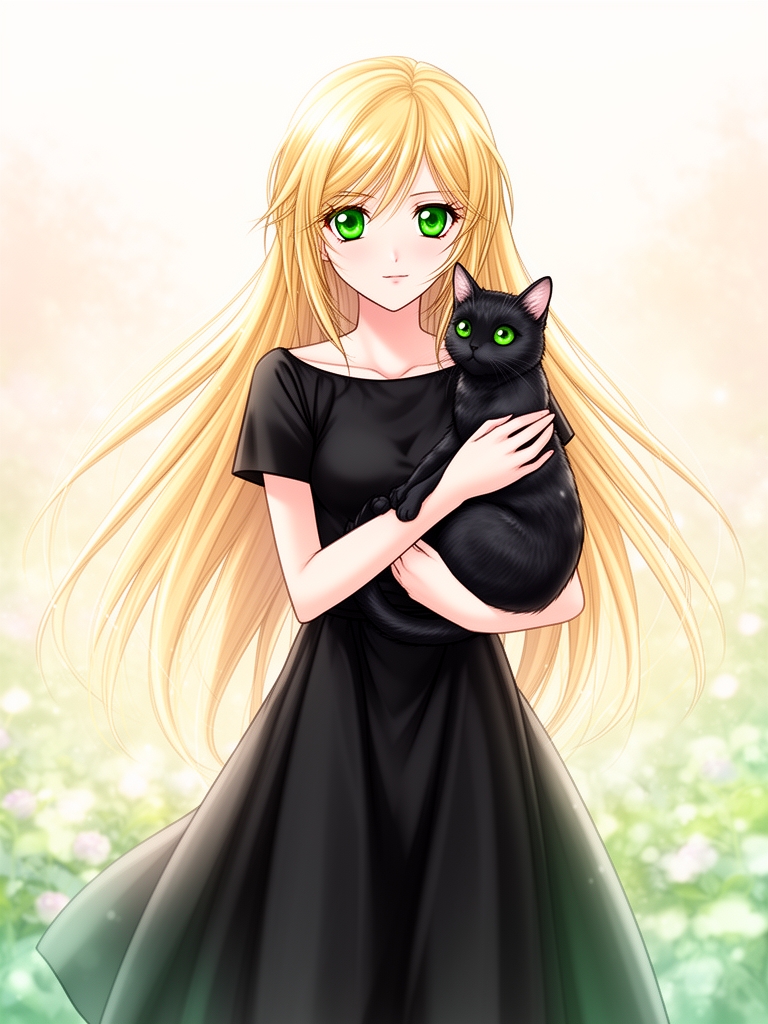 دختر زیبا با موهای بلند و بلوند که لباس  مشکی پوشیده و چشمان سبز داردوگربه مشکی درد دست دارد2