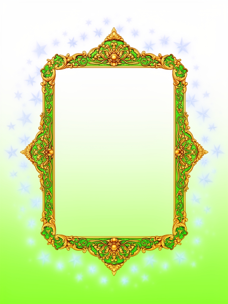 پس زمینه ترکیب از رنگ های سفید و سبز روشن با کادر سنتی طلایی و سبز و دور هم ستاره های آبی کمرنگ1