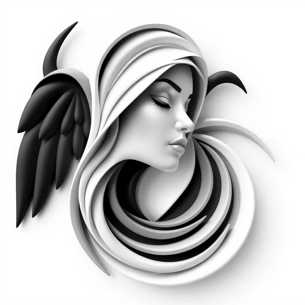 The image is a black and white abstract artwork featuring a woman with an eye and a bird, blending into each other in a swirling, flowing pattern.3