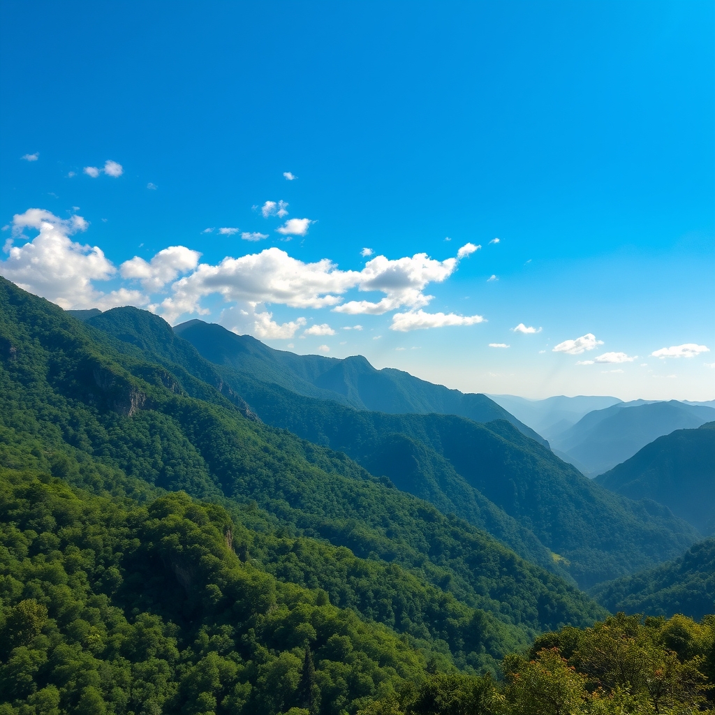 کوهایی که از درختان سرسبز  پوشیده شده اند و آسمان آبی و زیبا است و چند ابر کوچک در آسمان شناورند 22