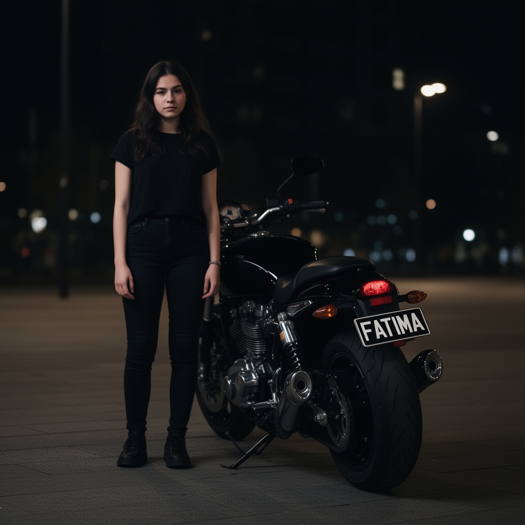 عکس دختری کنار موتور سیاه و دارک که فقط پشت موتور معلومه و روی پلاکش نوشته FATIMA2