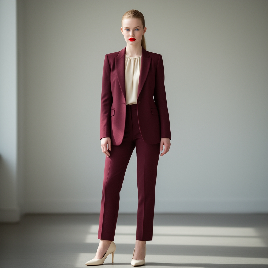 دختری سفید پوست ، لب های سرخ ، چشم های آبی ، دماغی کوچک ، یک کت و شلوار آلبالویی رنگ در تن دارد ، و یک تاپ کرمی ، کفش پاشنه بلند وای اس ال کرمی رنگ ، موهای دم اسبی بلوند, واقعی و طبیعی باشد4