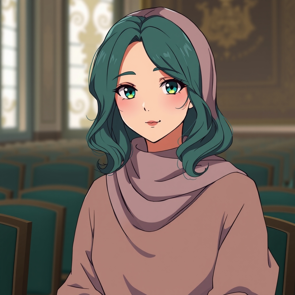 دختری با مو به رنگ سبز لجنی حالت دار که تا کتف باشه و یک تکیه از مویش جولوی یک چشم مش باشد وچشم های هم سرد لجنی در حایی مجلسی نشسته با لباس مرتی و دختر خیلی سردی هم هست15