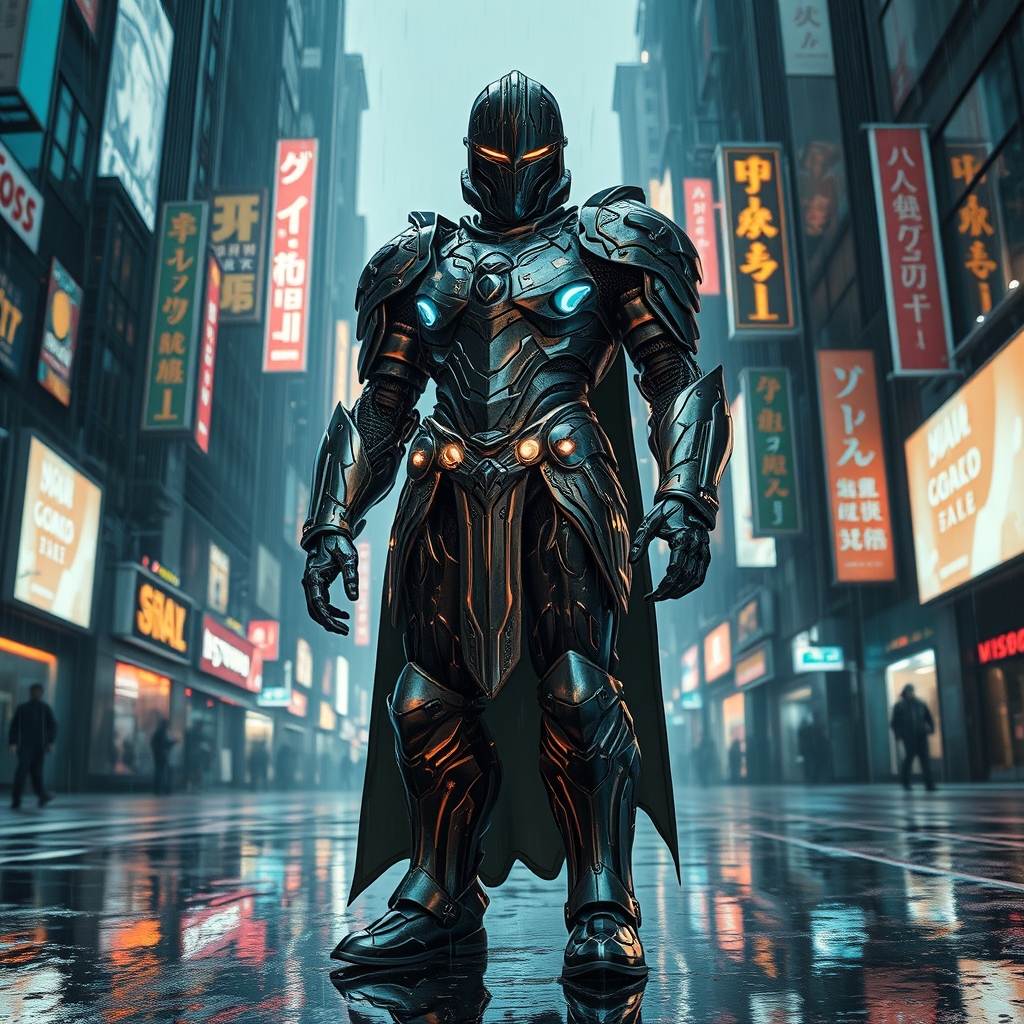 یک شوالیه آینده‌نگر با زره اسکلت خارجی درخشان، ایستاده در دنیایی پسا‌آخرالزمانی.22