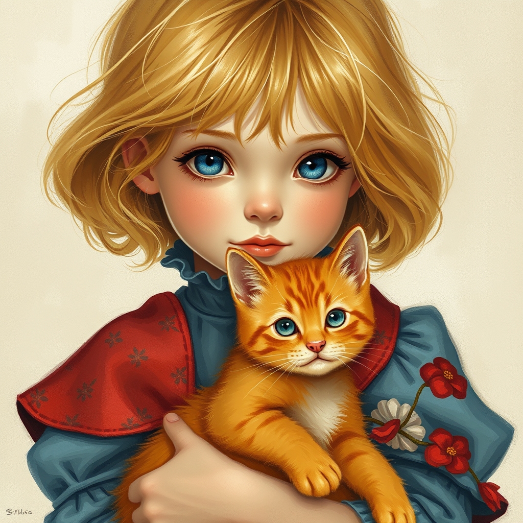 دختری با مو های طلایی و با چشم های آبی کم رنگ که در دستانش یک گربه ی ناز وگوگولی با رنگ نارنجی و چشمان گربه آبی کم رنگ و لباس دامندار و پرپری و پف و چین دار و به رنگ ابی و لبی همچون گل قرمز و گونه های پر از کک و مک به سبک پست امپرسیونیسم 3