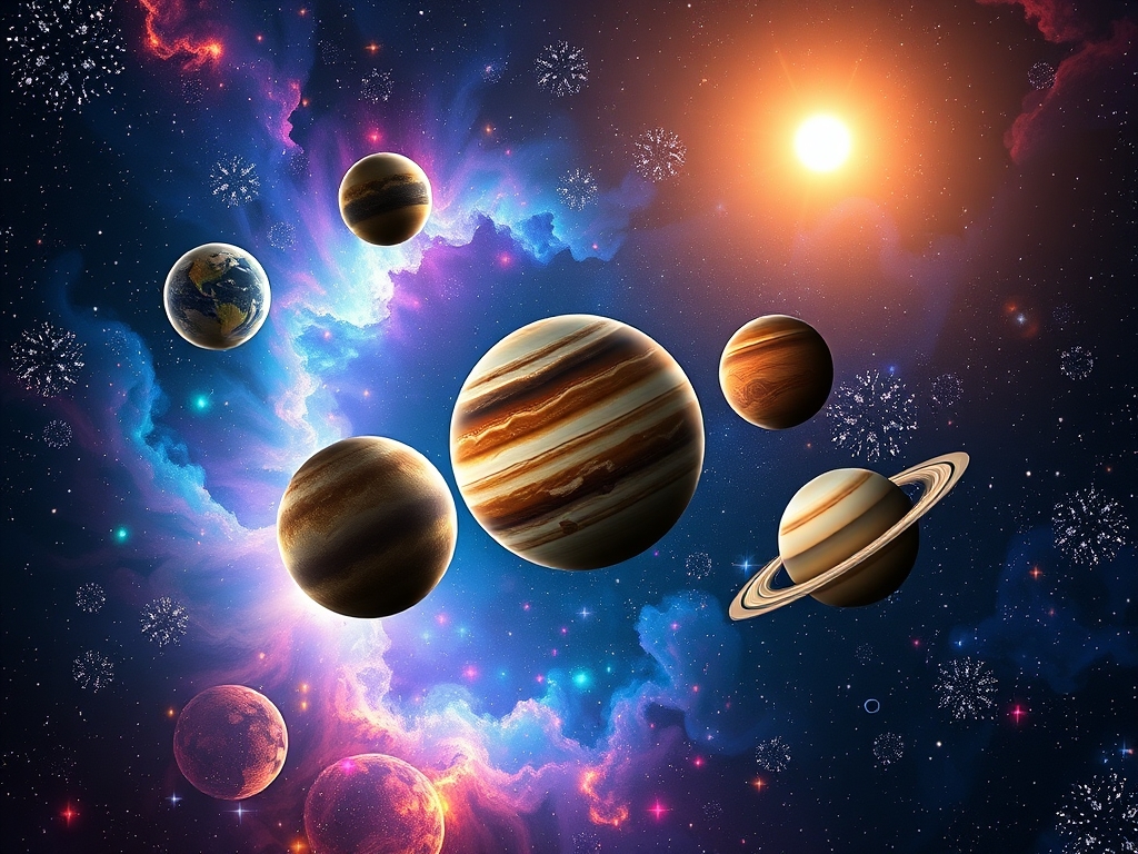 یک عکس بسیار زیبا از فضا ۷ سیاره ها عطارد زهره زمین مریخ زحل اورانوس و نپتون که دور مدار خورشید میچرخند و ستاره های رنگارنگ مرتبط با نجوم برای جلد کتاب . 8