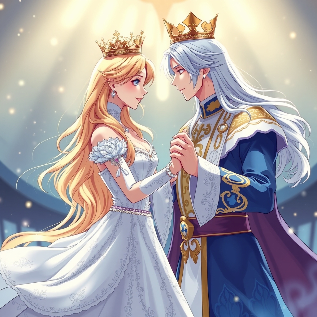 زیباترین زن جوان در جهان حتی در رویایی که شکوه خدا را داشته باشد که از شدت زیبایی همه بهش سجده کنند و نظیر آن در دنیا نباشد که با موهای بلند طلایی رنگ که تاجی از طلا بر سر داشته باشد که با چشمانی آبی رنگ که در مردمکش دریا باشد و با لباس سلطنتی شاهزاده خانمی سفید مروارید دوزی شده برتن در حال رقصیدن با زیباترین مرد جوان در جهان حتی در رویایی که شکوه خدا را داشته باشد که با چشمانی آبی رنگ که در مردمکش دریا باشد وبا پوست سفید وبا موهای نقرهای رنگ بلند که لباس زیبای سلطنتی امپراطوری برتن و با تاج 16