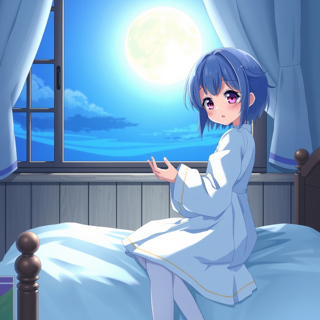 دختری با موهای آبی و چشمان صورتی و با لباس های سفید کوتاه  که داره روی تختش آواز میخونه و در پنجره ماه زیبا داره دیده میشه 7