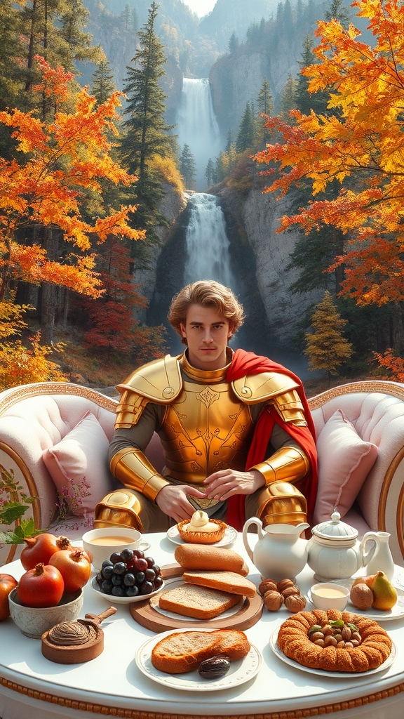 صبحی دل انگیز پاییزی کوه های بلند طبیعت پر درختان چنار سرو افرا پر برگ سرخ زرد سبز قهوه ای کنار آبشار زیر طاقدیس زنبق ها و گل های خودرو وحشی سرداری جوان ۳۰ ساله برنا تاتاری قپچاقی با قد بلند چشم سبز موهای خرمایی طلایی فرفری بدنی ورزیده عضلانی زره طلا بر تن دارد و ردای سرخ بر شانه های ستبرش بر کاناپه سفید و طلا با کوسن های صورتی تکیه زده روبرویش میز سفید صبحانه در ظروف سفید چینی شیر شیر برنج نان مربا عسل کره خامه میوه انگور سیب گلابی انار خرما گردو بادام پسته شیرینی باقلوا باسلوق



16