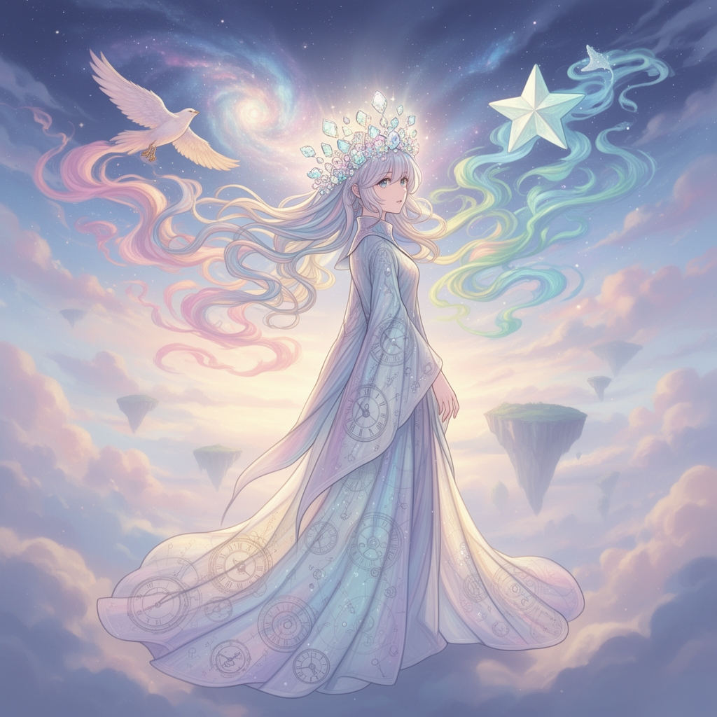 تغییرنگاهش مانند دریچه‌ای به رؤیاهای دیگران پر از هزاران داستان ناتمام موهایش مثل دودهای رنگی که مدام شکل عوض می‌کنندگاهی پرنده گاهی رودخانه، گاهی ستاره تاجش از خاطرات گمشده‌ی انسان‌ها ساخته شده هر تکه‌اش یک لحظه‌ی فراموش‌شده لباسش مثل پارچه‌ای از زمان که مدام بین گذشته و آینده در حرکت است او ملکه‌ی خیال است پیامش این است که هیچ مرزی میان واقعیت و رویا وجود ندارد و حضورش مثل پلی میان ذهن و جهان دل‌ها را به پرواز در دنیای ناشناخته‌ها می‌برد5