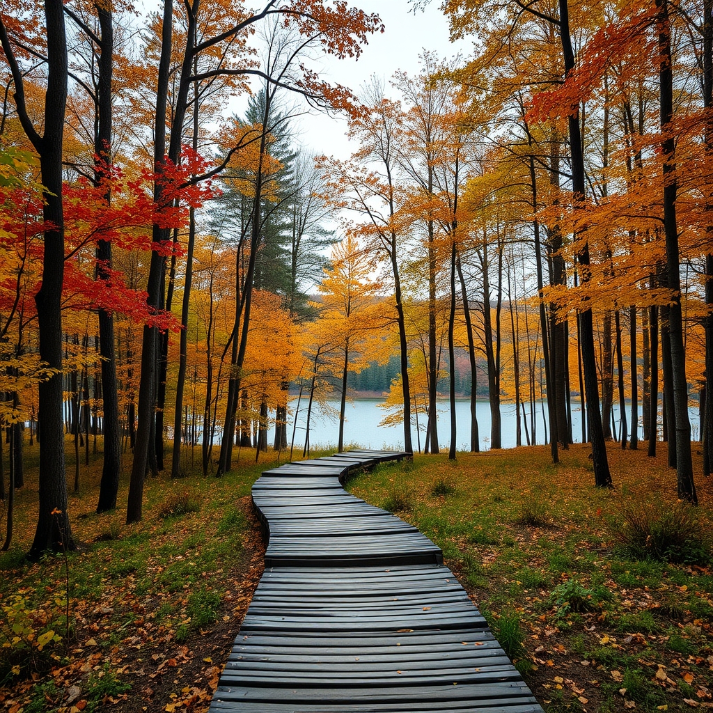 عکس پاییزی جنگل زیبا و مسیر چوبی که میان آن میگذرد و در انتها به دریاچه میرسد مخصوص عکس نوشته0