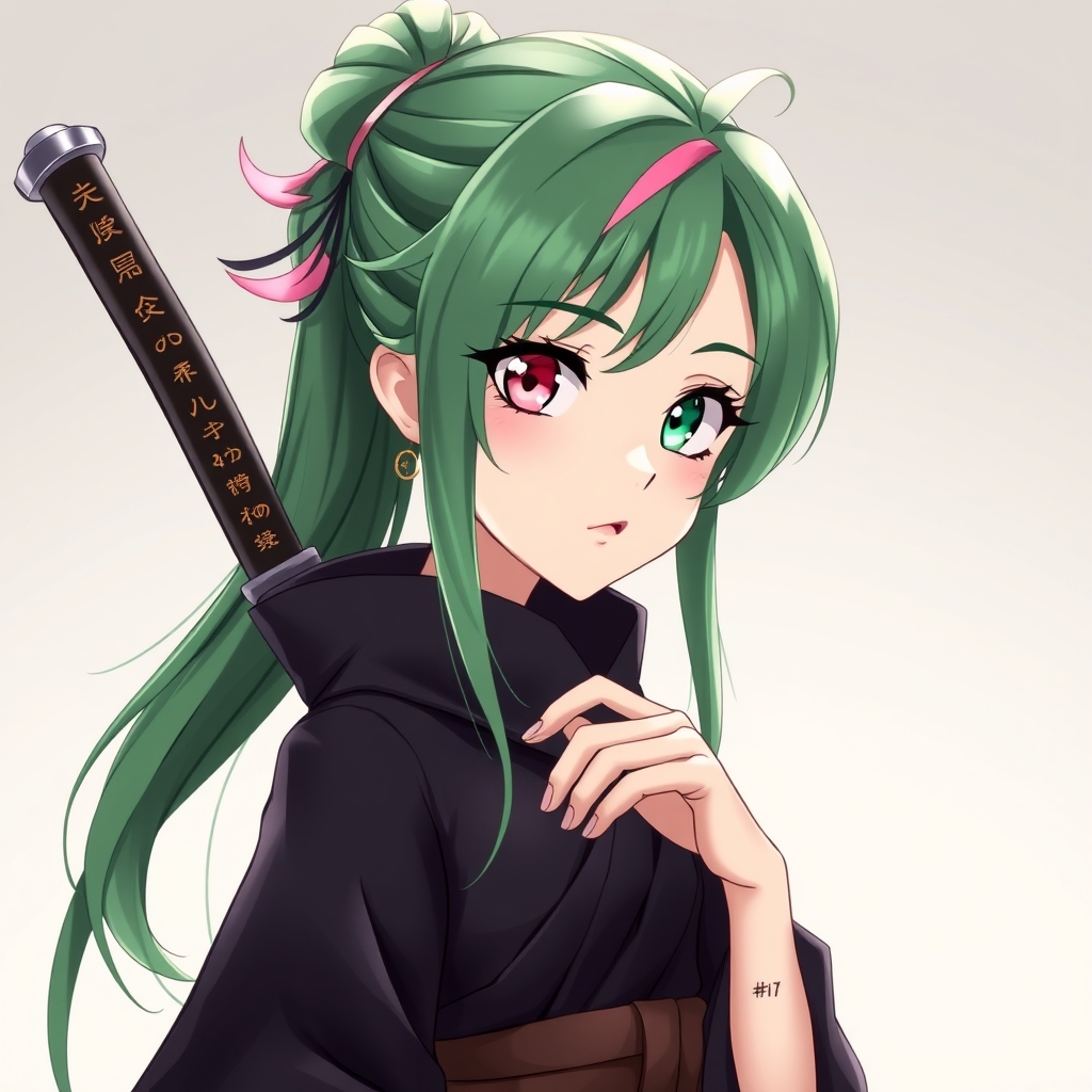 دختری که موهاش سبز و صورتیه و به صورت سامورایی بستتش یک چشمش صورتی و چشم دیگش سبزه پوستش سفیده قدش بلنده پاهای بلند و کشیده داره لباس نینجا تنشه شمشیر با حکاکیه طلایی دارهرو دستش تتو داره لباش صورتیه مژه هاش بلنده 9