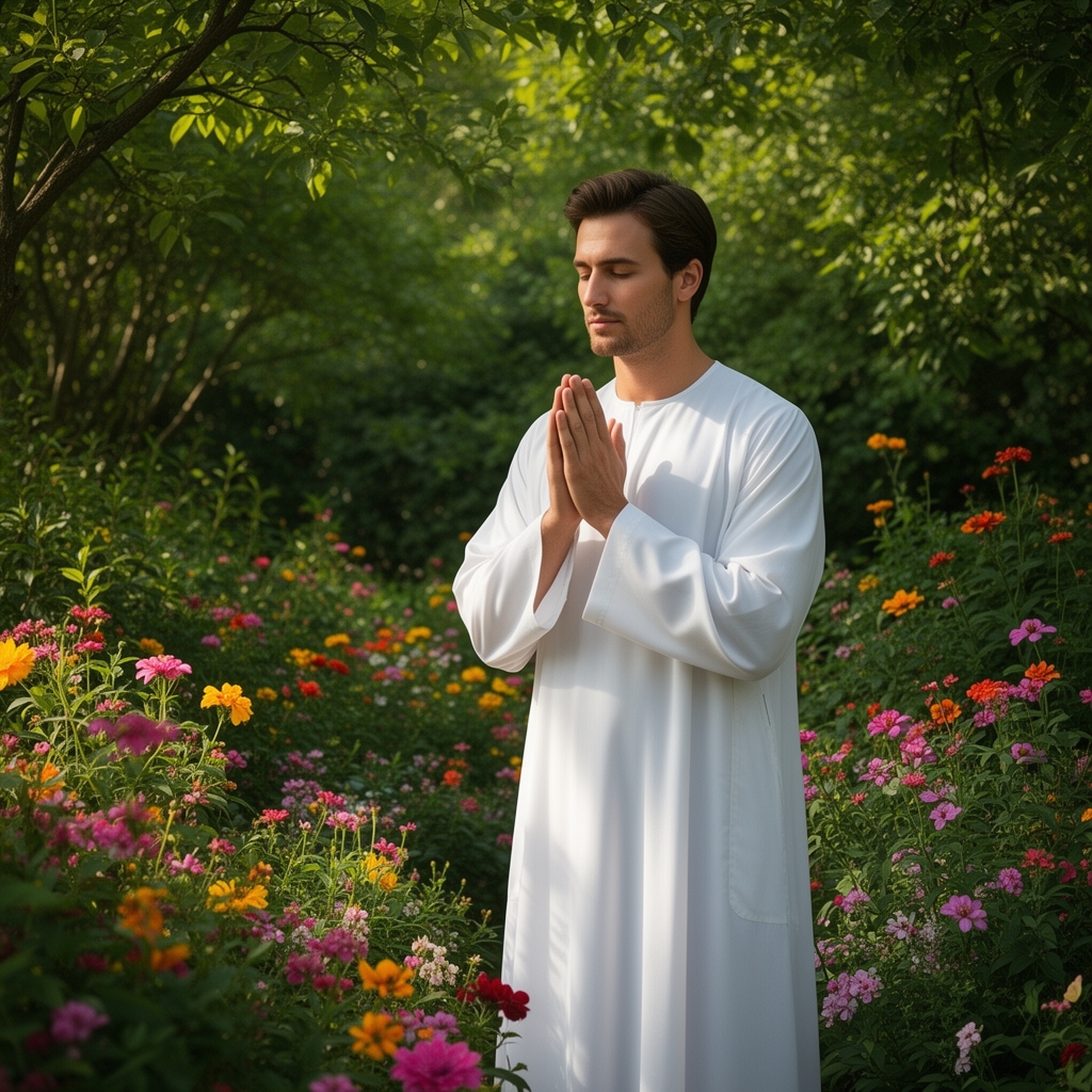یک مرد زیبا با لباسهای سفید بلند در یک فضای پر از گل وگیاه در حال نماز خواندن 1