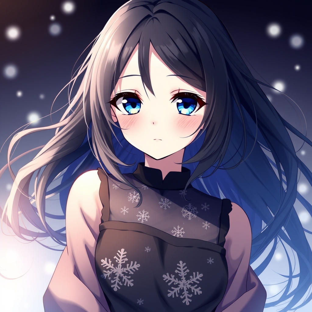 یک دختر با لباس مشکی روش طرح ❄️
چشم هاش هم آبیه موهاش باز و سیاهه16