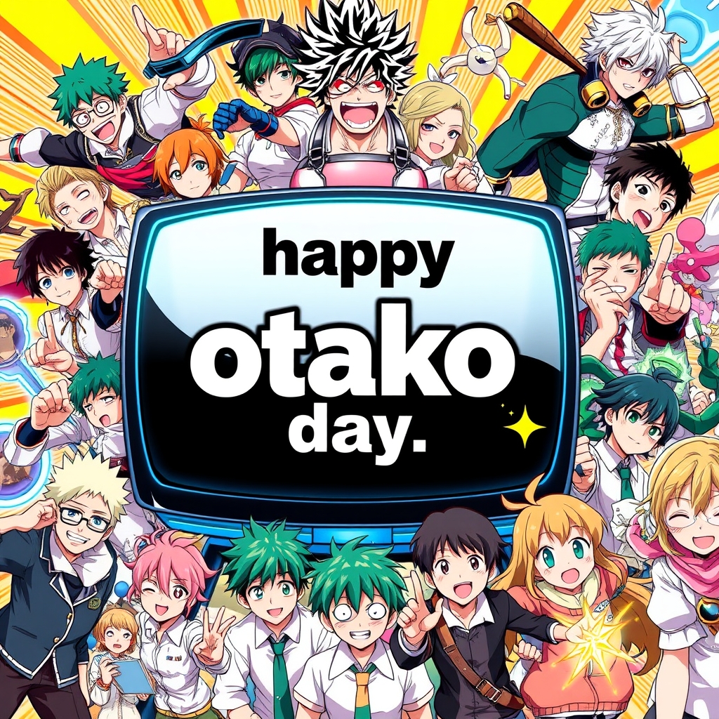 عکسی از همه ی انیمه ها به خصوص مای هیرو
که در وسط آنhappy otako dayنوشته شده باشد1