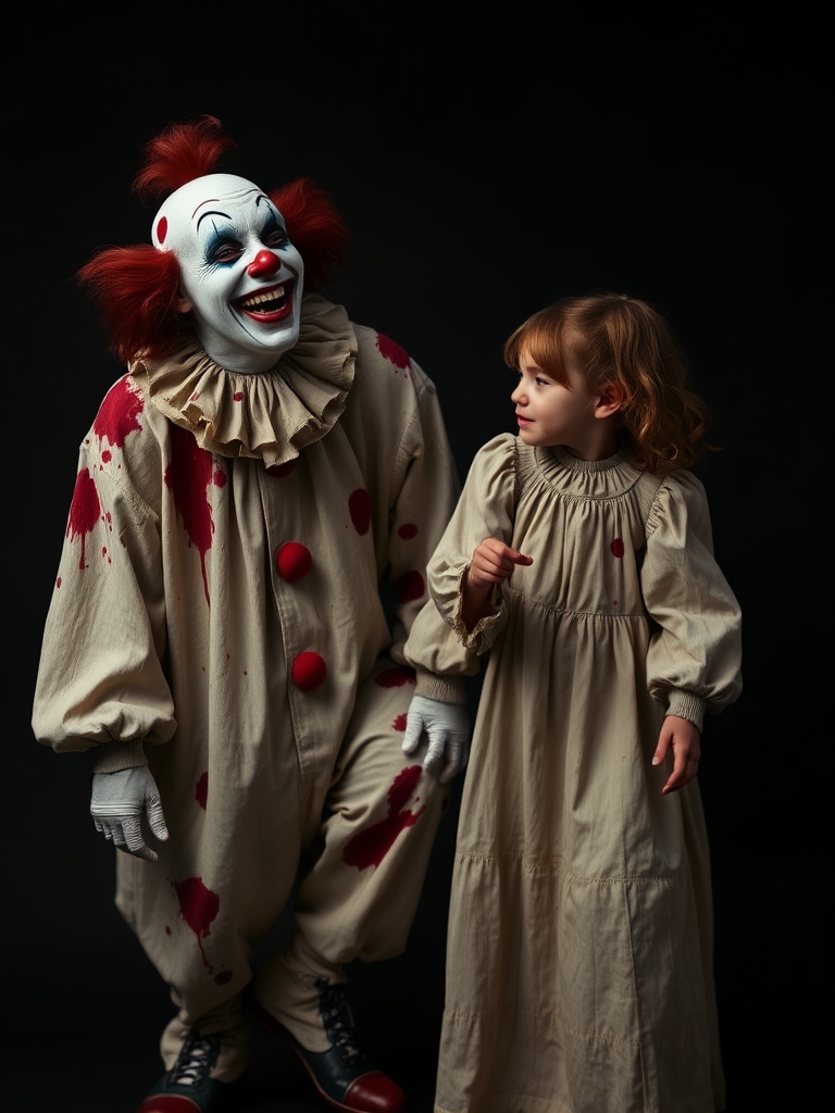 دلقکی در حال خندیدن با لباس خونی و دختری که با او در حال بازی کردن است 7