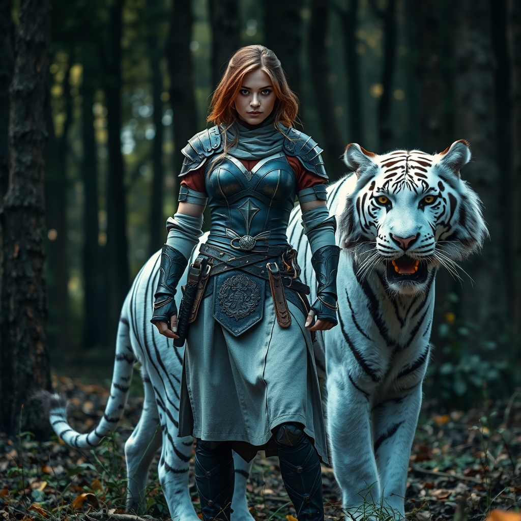 زن جنگجو وقوی در جنگل کنار ببر سفید 1