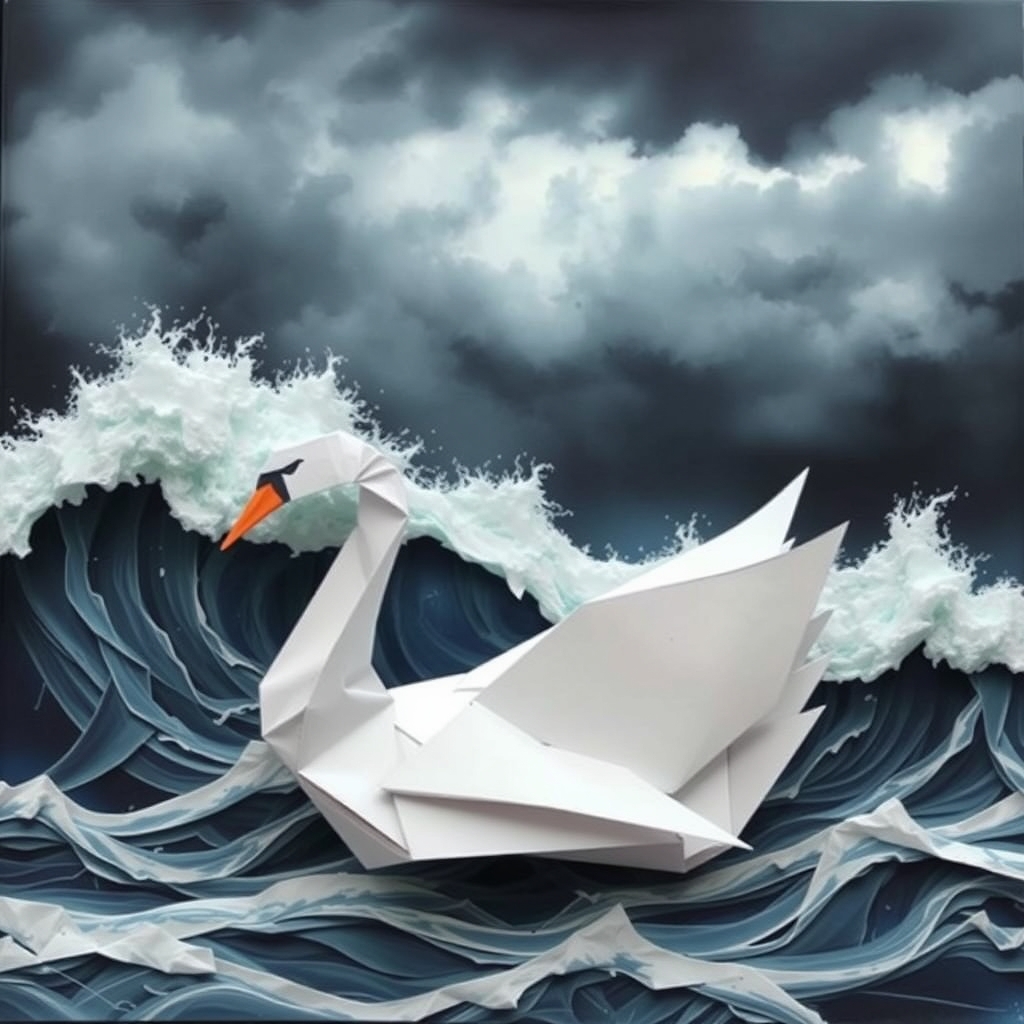 The image depicts a turbulent ocean scene with a large, white bird, possibly a swan, struggling against the waves. The sky is overcast, contributing to the dramatic and chaotic atmosphere of the scene.0