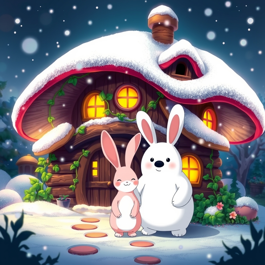 تصویر خرگوش صورتی و خرس سفید  جلو یک کلبه چوبی به شکل قارچ در یک شب برفی دورتادور کلبه پیچک سبز پیچیده شده به سبک استودیو جبیلی 3