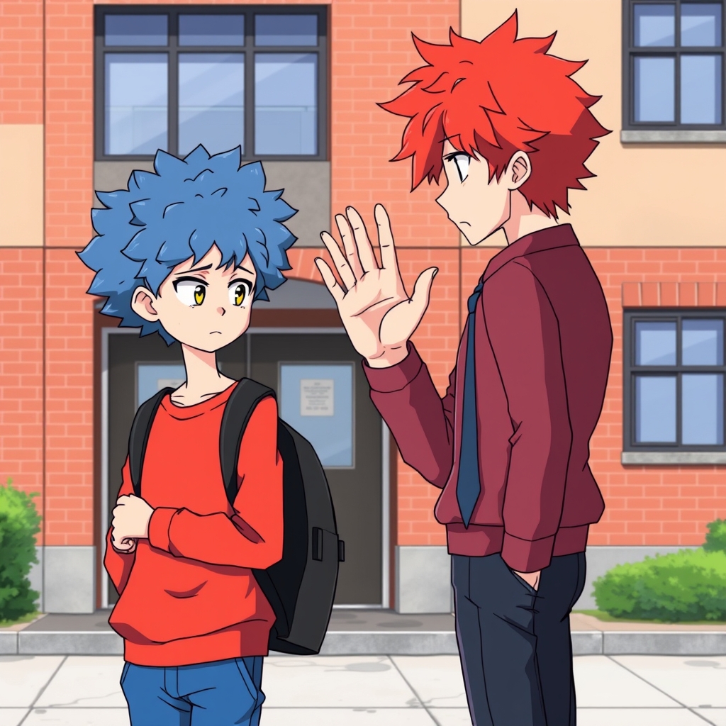 در زاویه چپ یک دانش آموز پسر را نشان دهد که تیپ شخص اصلی: شلوار آبی،بلوز سفید ، روی بلوز سفید یک سویشرت قرمز ،موهای فر و رنگ آبی ، لاغر ، چشم زرد ،فرم صورت بیضی ، کوله پشتی سیاه باشد 
که در سمت راست اش مدرسه باشد و در روبروی او یک دانش‌آموز پسر ، قد بلند و هیکل بزرگ تر از شخص اصلی با فرم مدرسه ای موی فر و قرمز رنگ ، در حالت دست بالا و هر انگشت باز و عصبانی
و شخص اصلی سر پایین و ناراحت باشد و به یکدیگر نگاه کنند 14