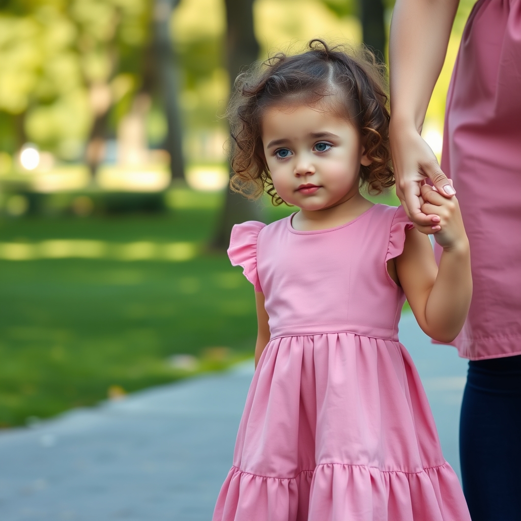 دختری ۴ ساله با لباس صورتی و موهایی کرمی گونه هایی برجسته و رژ قرمز که دست در دست مادر در پارکی قدم می زند1