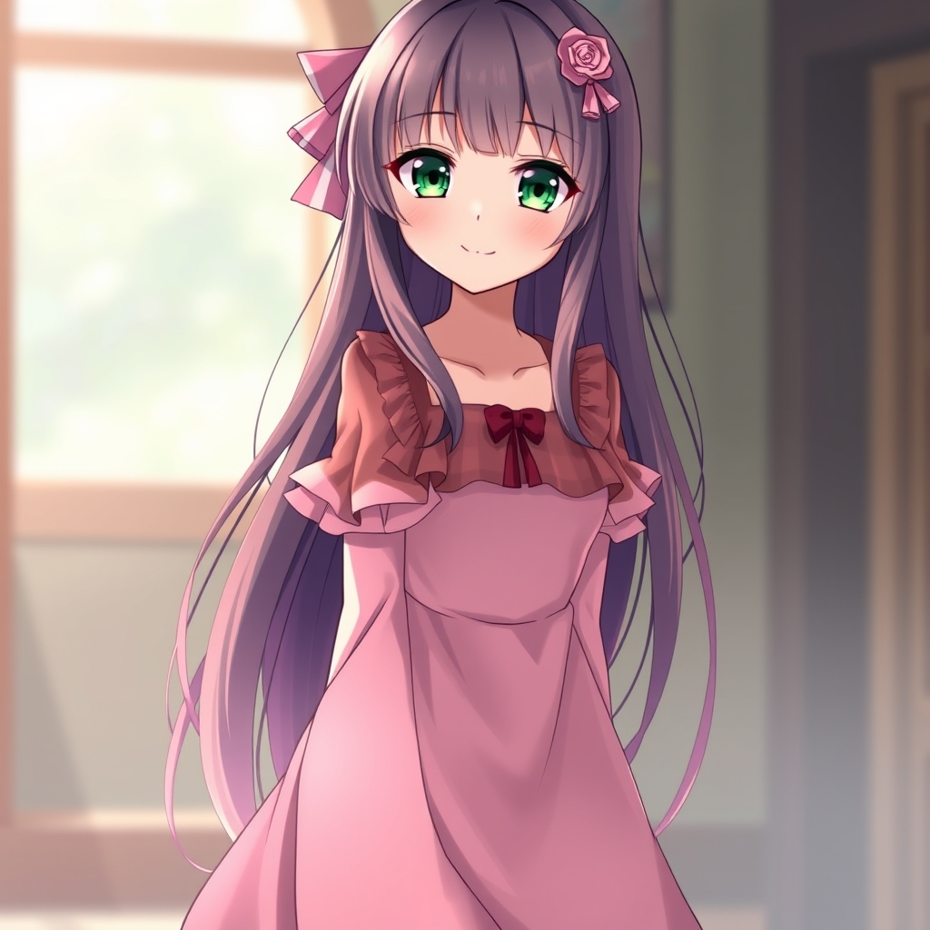 یک دختر زیبا با چشم های سبز با موهای بلند با لباس زیبا و بلند با یک گلسر صورتی10